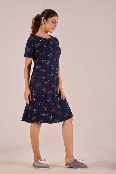 Sweet Moon Knit Cotton Mid Length Nightdress - Twilight Blue — image 3